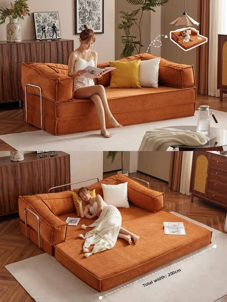 Pudding sofa bed dual-use vintage style small apartment living room double three-seater retro modular folding fabric sofa NB-01