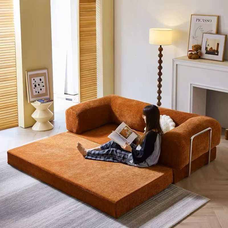 Pudding sofa bed dual-use vintage style small apartment living room double three-seater retro modular folding fabric sofa NB-01